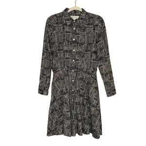 Serena & Lily abstract square Black and White midi button up Shirt Dress. Size 8